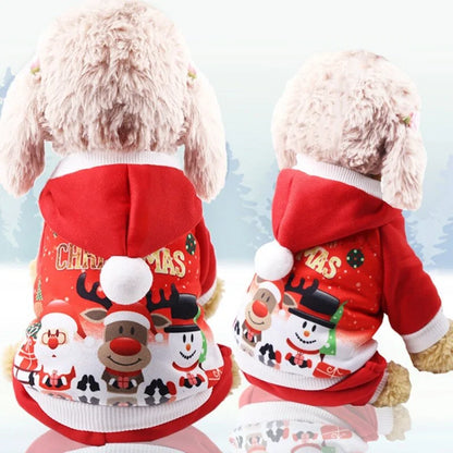 two plush dog toys wear Christmas Hoodies, snowy Christmas backdrop. 