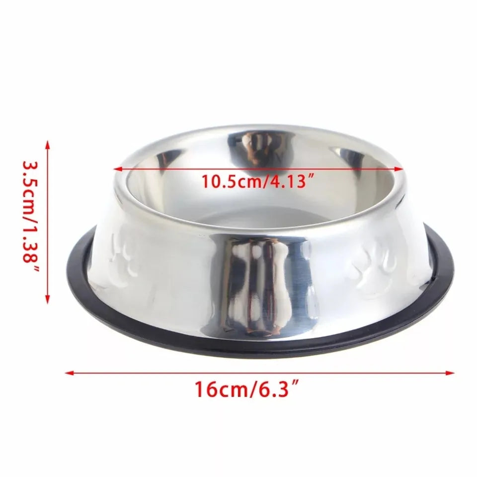 Hygienic Non-Slip Stainless Pet Bowl on a white background, dimensions of the bowl shown using arrows