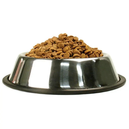 Hygienic Non-Slip Stainless Pet Bowl filled with dry pet food on a white background