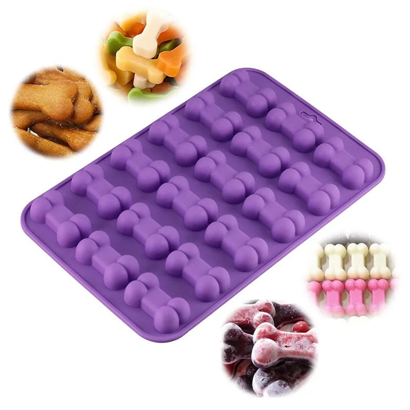 Purple Bone shaped treat mold on a white background. smaller images show close ups of bone shaped treats. 