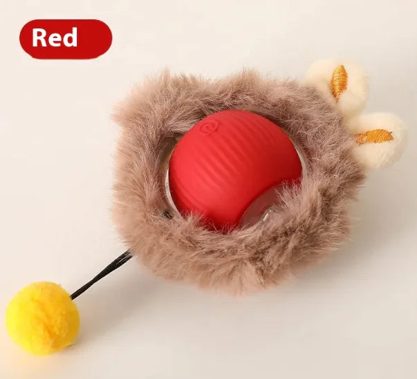 Red Roll ‘n’ Pounce Cat Toy with plush accessories on a white background