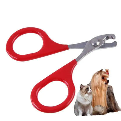 red nail trimmer white background with insert of a cat and Yorkshire Terrier bottom right of the image. 