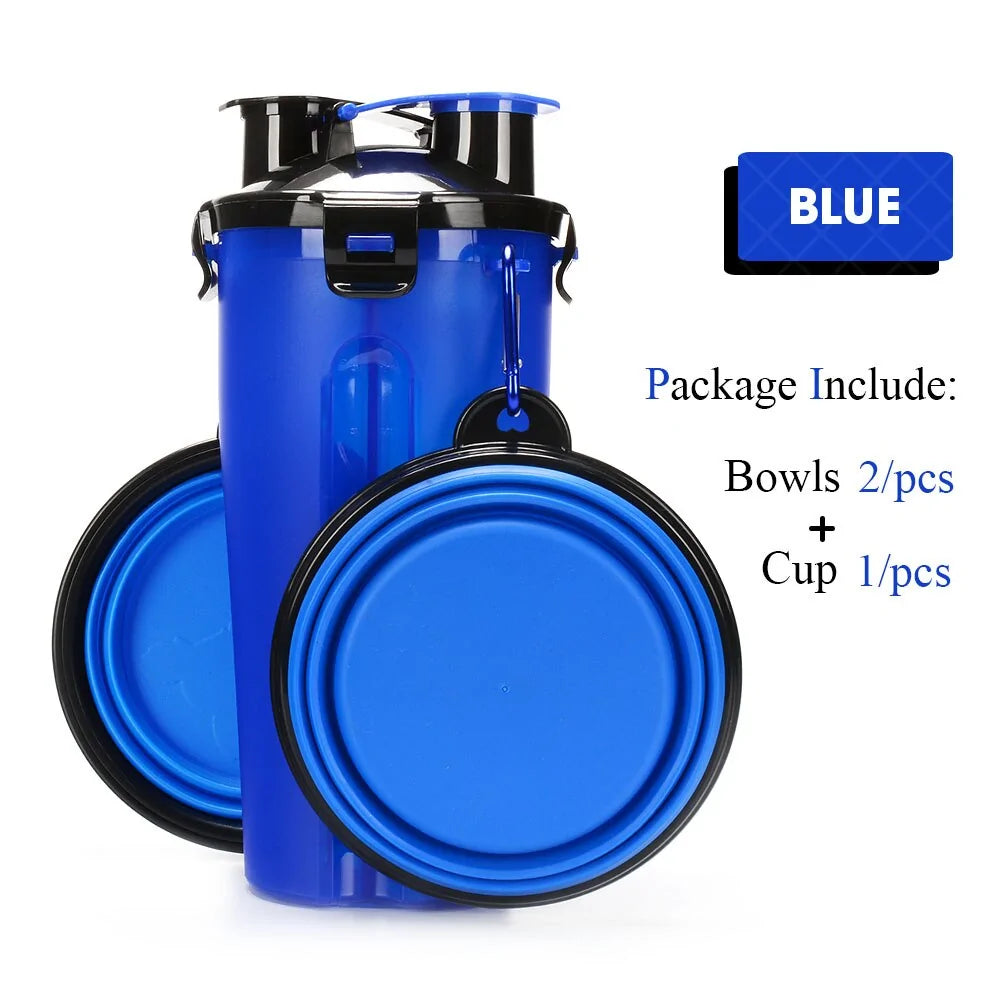 Blue 2-in-1 Pet Hydration and Snack Station on white background , showing two bowl option