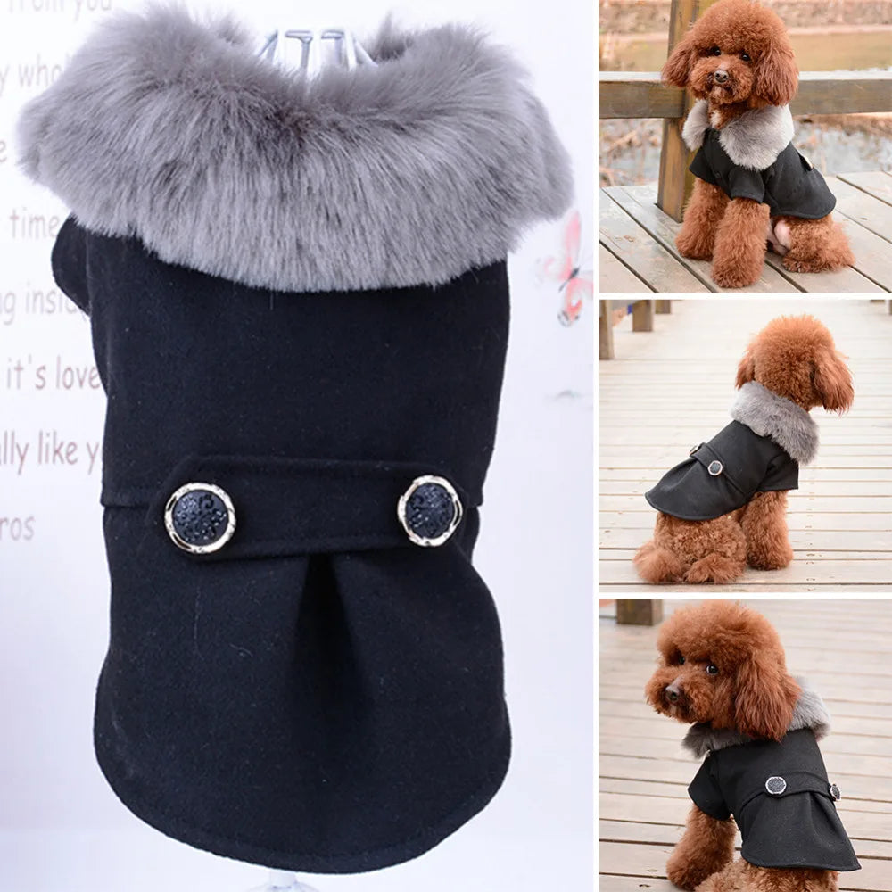 grey fur collared black pet jacket on a white background as main image, three insert images of a small brown Poodle wearing the jacket in an outdoor setting. 