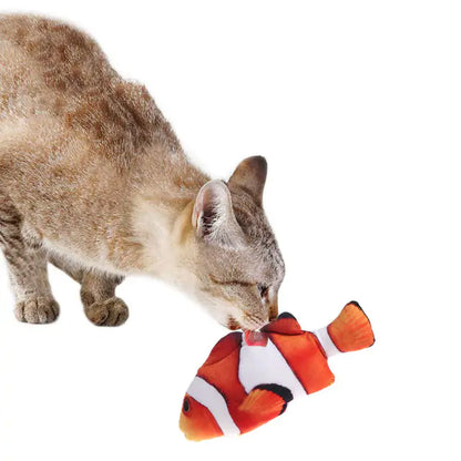 white background, cat licking Nemo colored fish toy. 