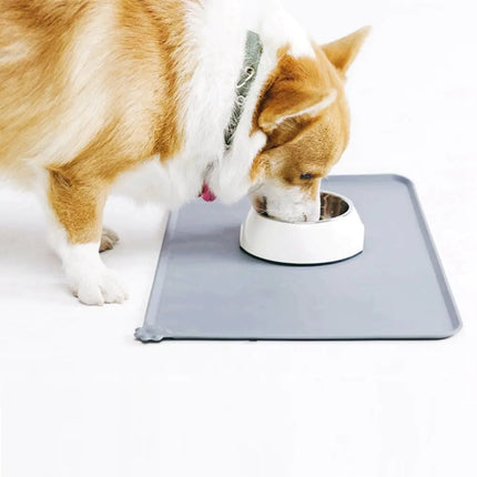 A corgi dog eats from a bowl on a grey Ultimate Silicone Pet Bowl Mat, white background 