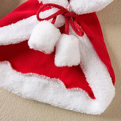 Close up image of the stitching of the red Festive Paws Holiday Cape