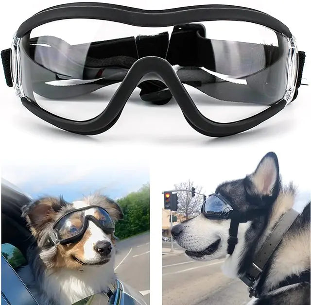 three images in the photo, top image of goggles on white background. bottom left image shows a brown and white dog, wearing goggles, whilst hanging his head out the car window, third image is of a Husky wearing the goggles in an outdoor setting