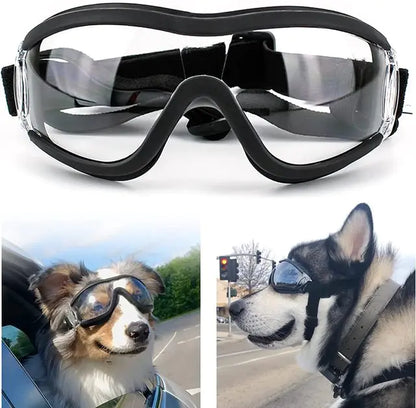 three images in the photo, top image of goggles on white background. bottom left image shows a brown and white dog, wearing goggles, whilst hanging his head out the car window, third image is of a Husky wearing the goggles in an outdoor setting