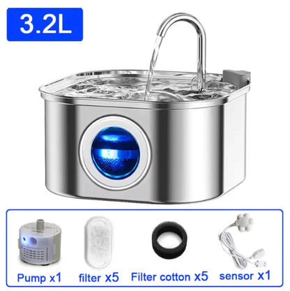 3.2L Stainless Steel Ultra-Quiet Pet Water Fountain on white background, inset shows pump, filter cartridges, sensor attachment and filter cotton. 