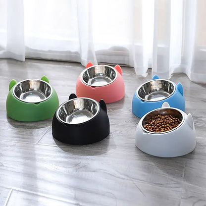 five colour variants of the purrfect cat bowl, positioned on a vinyl floor in a home setting. 