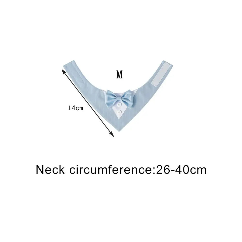 light blue tuxedo bow tie laid out on a white background, dimensions showing neck circumference of 26 - 40 cm of the Medium Size 