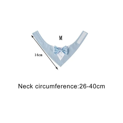 light blue tuxedo bow tie laid out on a white background, dimensions showing neck circumference of 26 - 40 cm of the Medium Size 