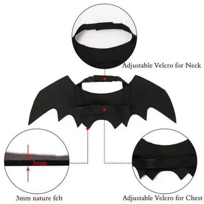 main image black bat wing costume, three smaller insert images show close up of felt thickness, adjustable Velcro straps for neck and chest, white background