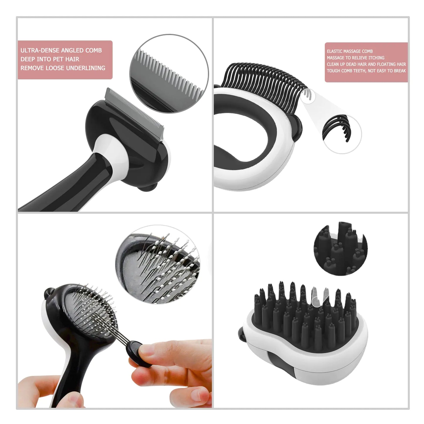 four images of the different combs and brushes on a white background