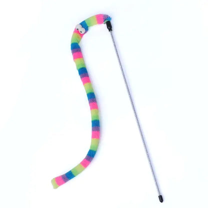 Purrfect Pounce Teaser Wand on a white background, wand is rainbow colored