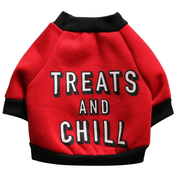 Red 'Treats and Chill' Pet Jacket, white background 