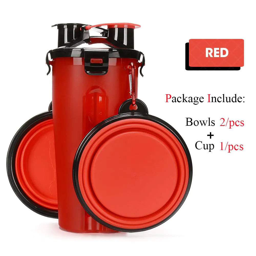 Red  2-in-1 Pet Hydration and Snack Station on white background , showing two bowl option 