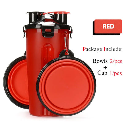 Red  2-in-1 Pet Hydration and Snack Station on white background , showing two bowl option 