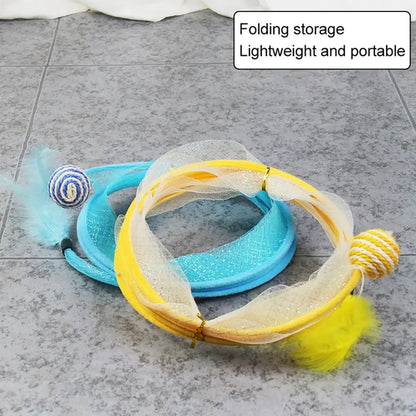 a blue and yellow Whisker Wonderland Cat Tunnel are folded on a grey surface 