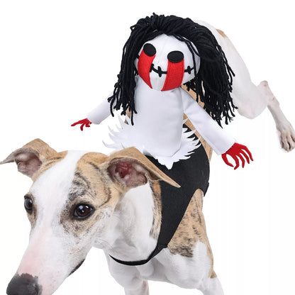 Whippet dog wears the Scary Mommy Pet Costume, white background. 