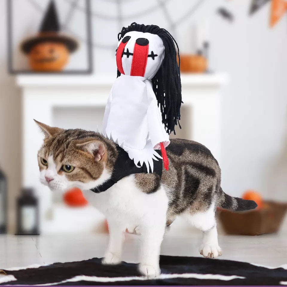 Tabby and white cat wears the Scary Mommy Costume in a home setting, Halloween decorations in the background. 