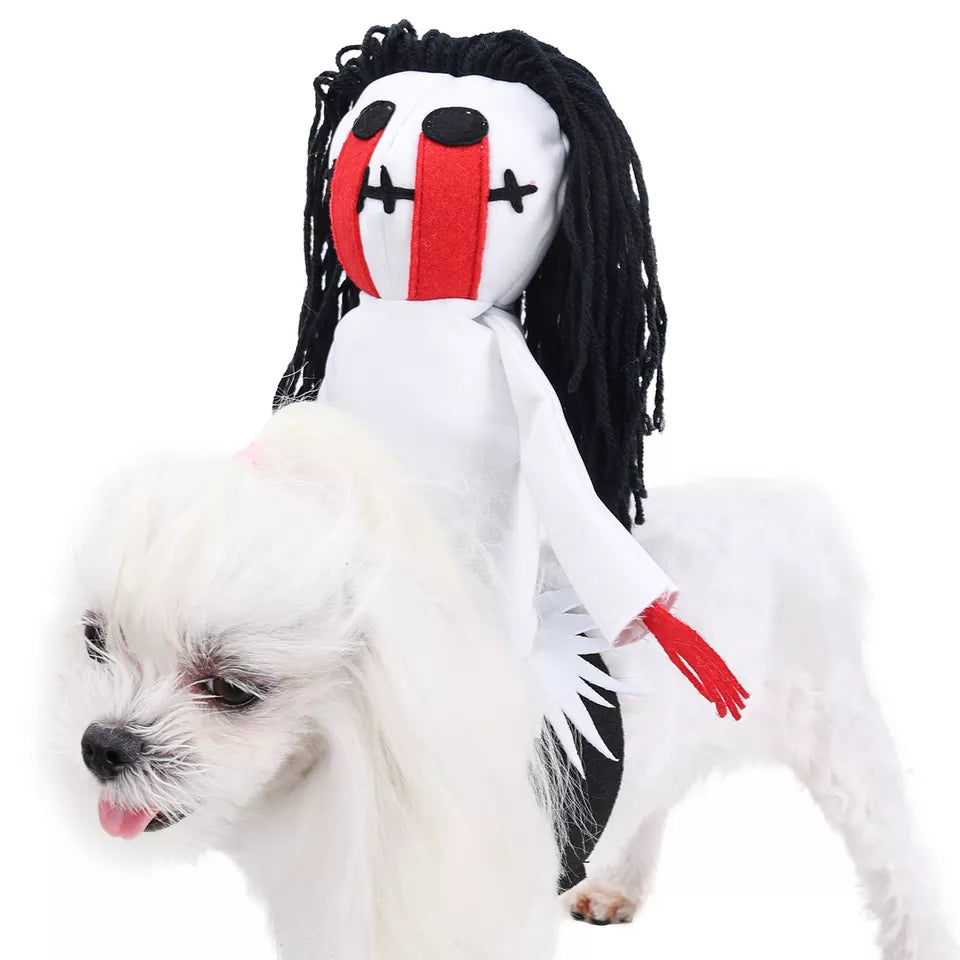 Small white dog wears the Scary Mommy Costume, white background