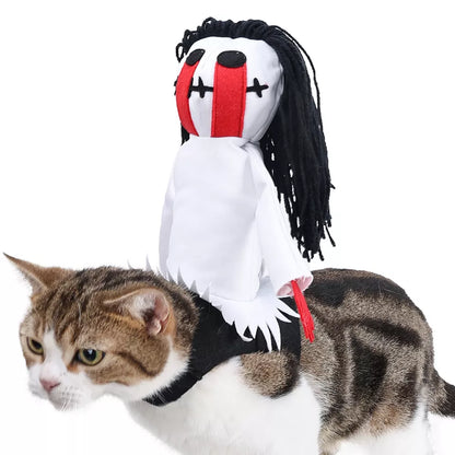 Tabby and white cat wears the Scary Mommy Pet Costume, white background 