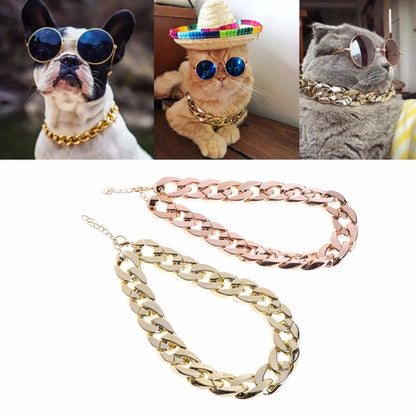 Split image - bottom image shows two variants, Rose Gold and Gold Chain. Three inset images show two cats and a dog wearing the Gold Rock Star Pet Chain Necklace