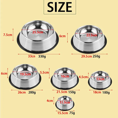 Size chart, yellow background. Various dimensions shown for the different size variants of the Hygienic Non-Slip Stainless Pet Bowls.