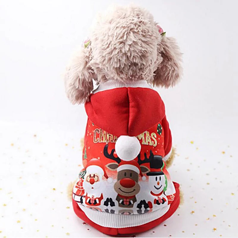 back view of the Christmas hoodie, showing a snowman and reindeer on the red hoodie, a white pom pom is on top of the red hood section
