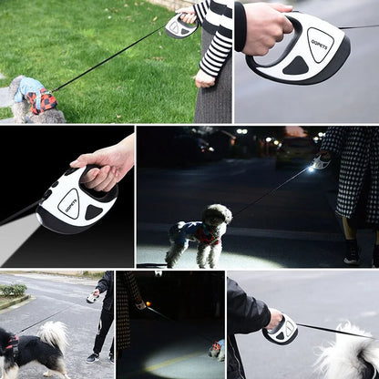 Seven images showing various applications for the Retractable Dog Leash - day walking, night walking, torch shining. 