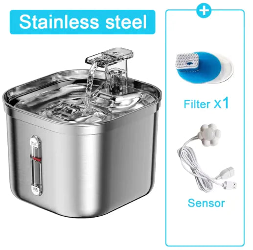 2.2L Stainless Steel Ultra-Quiet Pet Water Fountain on white background, inset shows one filter cartridge and sensor attachment. 