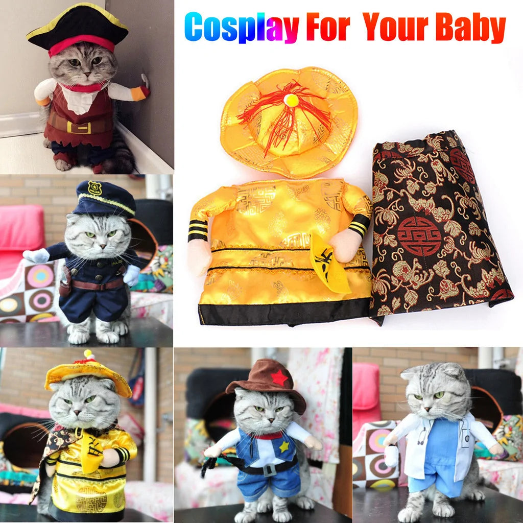 main image, Chinese Pet Costume on white background, five smaller images to the left and bottom of main image, show pirate, navy, Chinese, Sheriff and Doctor costumes. 