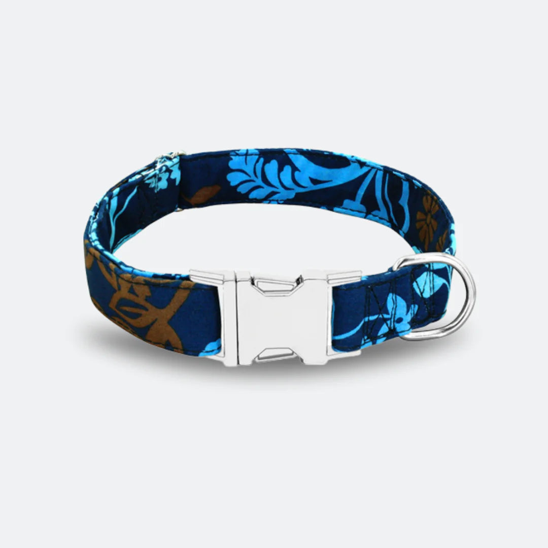 personalized dog collar with blue fern pattern 