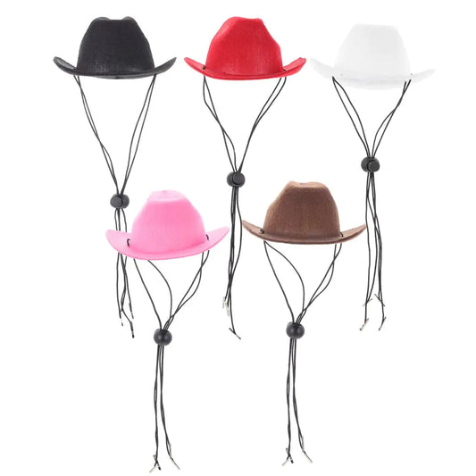 Five different colored pet cowboy hats on a white background