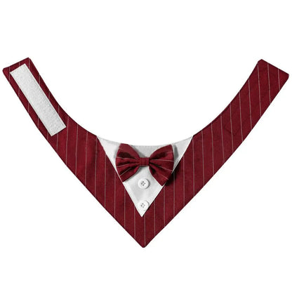 maroon tuxedo bow tie spread out on a white background, showing Velcro fastener. 