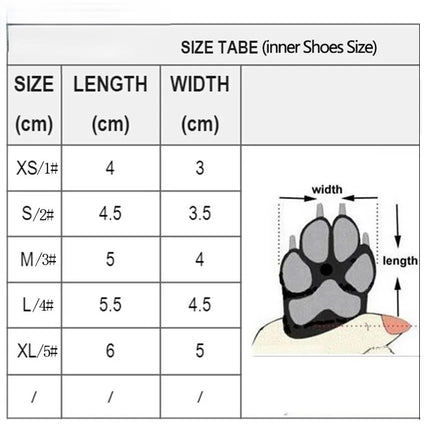 size chart for the Pawfect Winter Boots 