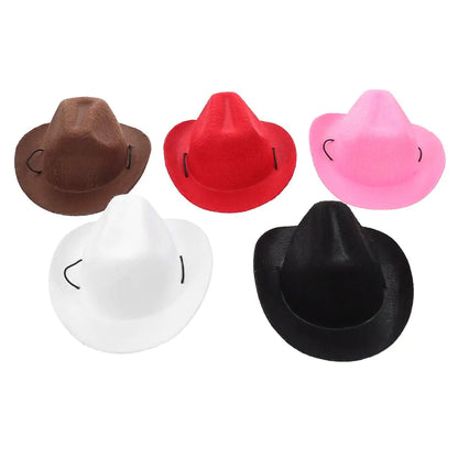 Five different colored pet cowboy hats on a white background