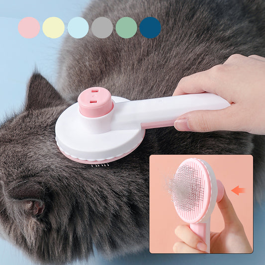 white and pink pet brush in use on grey fluffy cat, blue background. six color patches indicate color choice. inset - close up of release action to eliminate hair from the bristles. 