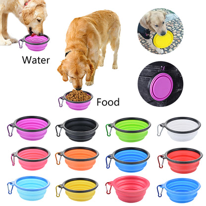 white background, image shows a golden retriever eating dry food from a purple collapsible bowl, insets shows dog drinking water from a purple bowl,  a Labrador dog carrying a yellow bowl in it's mouth, and a purple bowl, folded and attached to a belt buckle on clothing. Twelve different colored bowls are displayed at bottom of the page. 