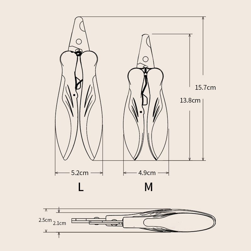 size dimension chart for large and medium nail clippers. 