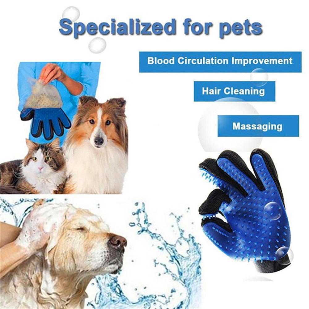 white background, main image blue glove, text - blood circulation improvement, hair clinging, massaging. Inset image of a Rough Coated Collie dog and a fluffy tabby and white cat, a person is behind them pulling off a clump of pet hair from a blue grooming glove. Bottom image of a dog being bathed, shampoo on face, water splashing. 