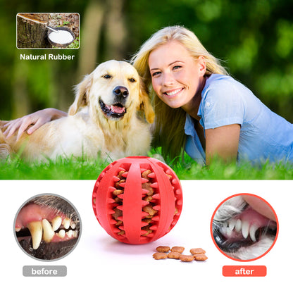 split image. top image shows a blonde lady in a blue top lying on the grass with a golden retriever dog, an insert above shows a cut tree collecting resin, text reads Natural Rubber. Bottom image displays a red ball filled with dry treats and two inserts - before and after shots of canine teeth, demonstrating the benefits to canine oral health. 