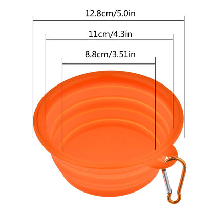 Orange collapsible pet bowl showing dimensions on a white background. 