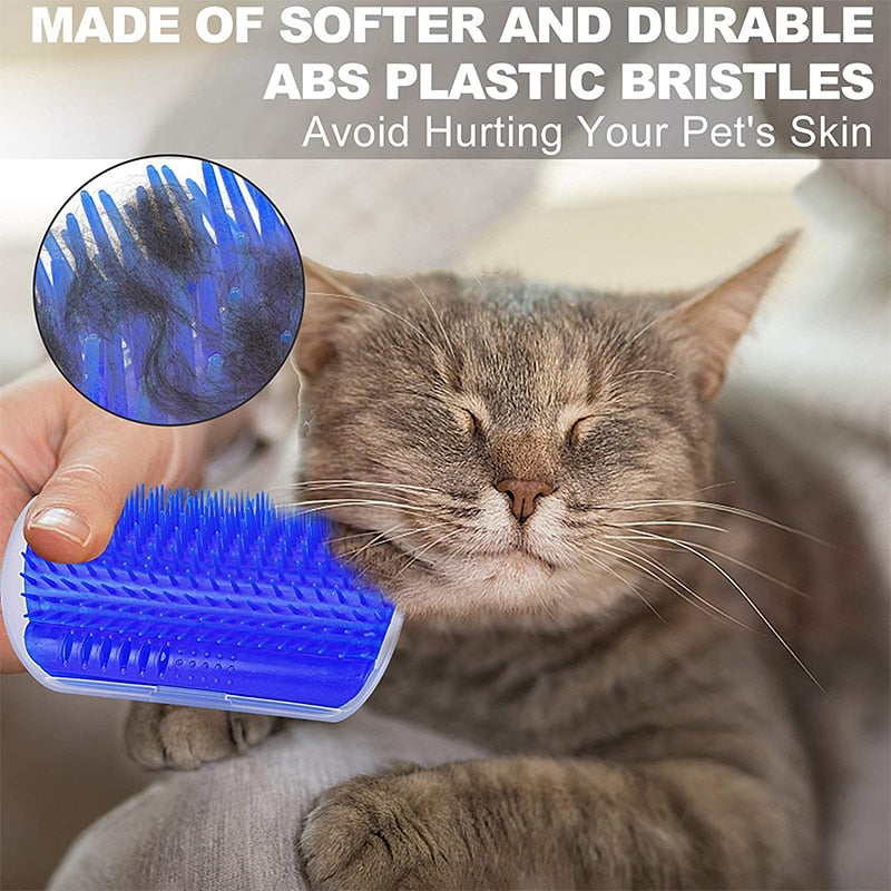 Gray tabby cat enjoying brushing session on person's lap, with eyes closed, using blue brush on face. Inset displays close-up of pet hair caught in brush bristles.