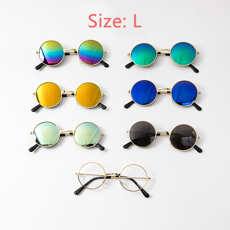 Seven different colored sunglasses positioned on a white background. Large size. 