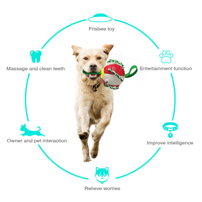 white background. dog running with toy in mouth. diagram surround the image showing features and benefits of the toy. 