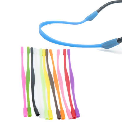 white background, ten different colored straps are the main image and a close up of a blue strap attached to the arms of a pair of sunglasses is at the top of the image, white background. 