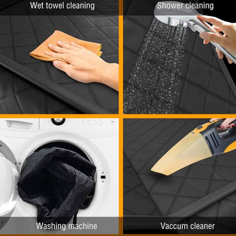 split image. top left shows a hand wiping a damp cloth over the surface of the seat cover. top right image shows the product being cleaned in the shower, bottom left image shows the cover being loaded into a washing machine and the bottom right image shows a hand held vacuum cleaner on top of the seat cover. 